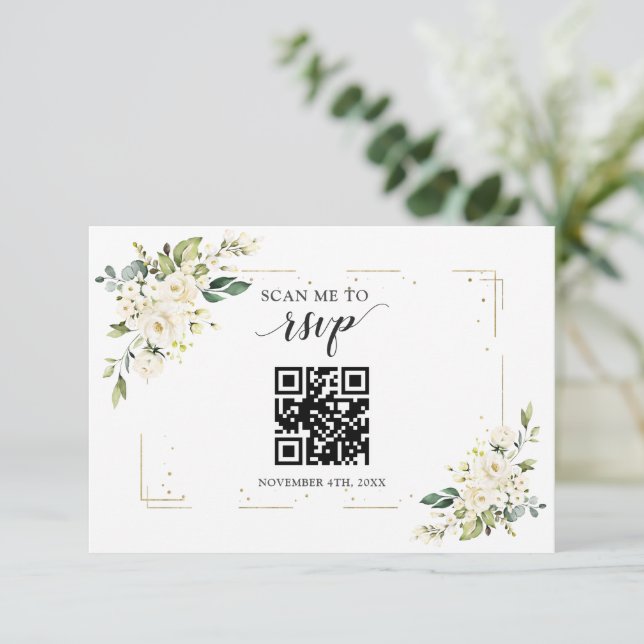 Tarjeta De Confirmación De Asistencia Charm White Floral Gold Boda de código QR (Anverso de pie)