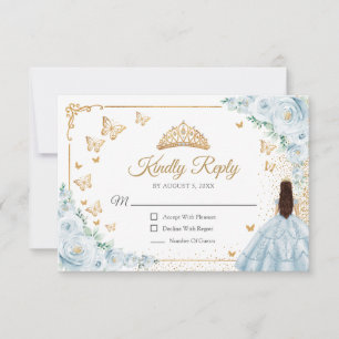 Tarjeta De Confirmación De Asistencia Chic Baby Blue Rosas Doradas Quinceanera Responder