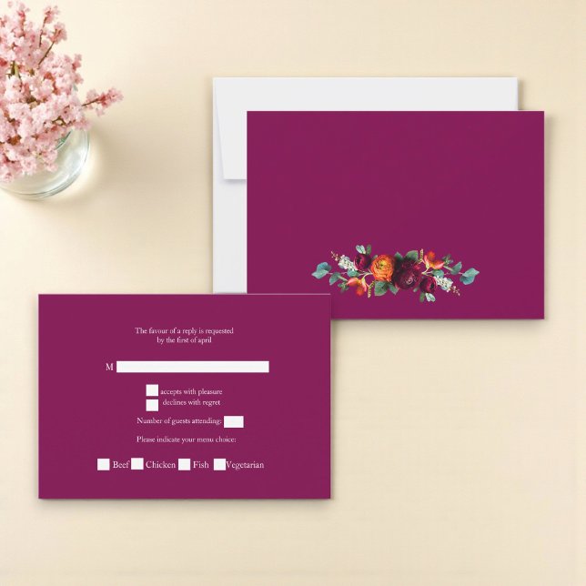 Tarjeta De Confirmación De Asistencia Chic deep pink Botanical Wedding Response Card (Subido por el creador)