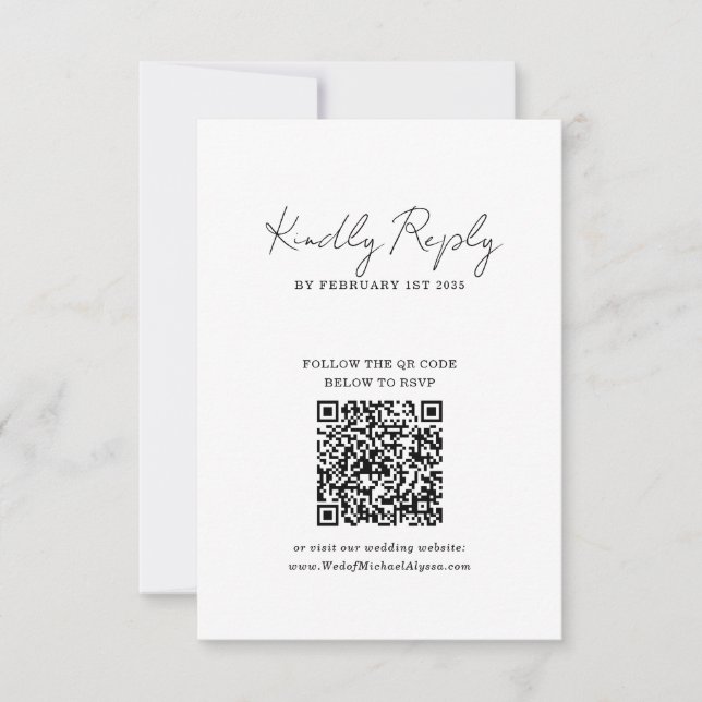 Tarjeta De Confirmación De Asistencia Chic Minimalist Handwriting Script Wedding QR Code (Anverso)