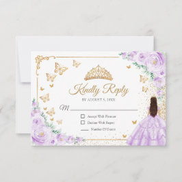Tarjeta De Confirmación De Asistencia Chic Purple Lilac Roses Gold Quinceanera Reply