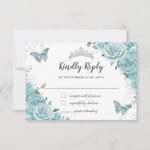 Tarjeta De Confirmación De Asistencia Chic Turquesa Azul Floral Quinceañera Mariposas