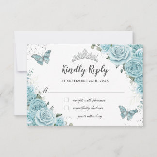 Tarjeta De Confirmación De Asistencia Chic Turquesa Azul Floral Quinceañera Mariposas