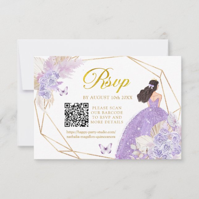 Tarjeta De Confirmación De Asistencia Chica de mariposa púrpura Boho Quinceañera QR (Anverso)