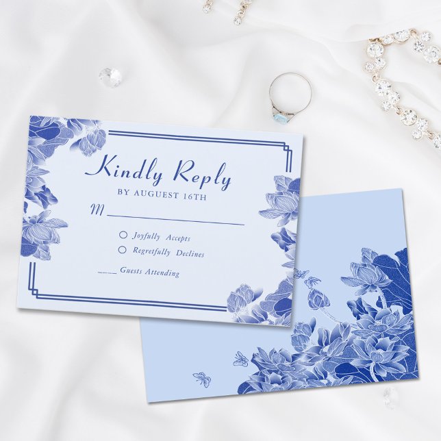 Tarjeta De Confirmación De Asistencia Chinoiserie elegante clásica con flores azules rus (Subido por el creador)