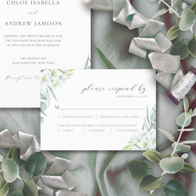 Tarjeta De Confirmación De Asistencia Chloe Elegant Boho Greenery Comida Boda (White watercolor flowers and eucalyptus greenery RSVP card)