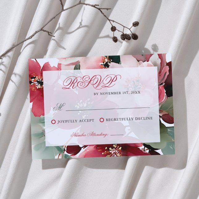 Tarjeta De Confirmación De Asistencia  Christmas Themed Red Floral Wedding  (Subido por el creador)