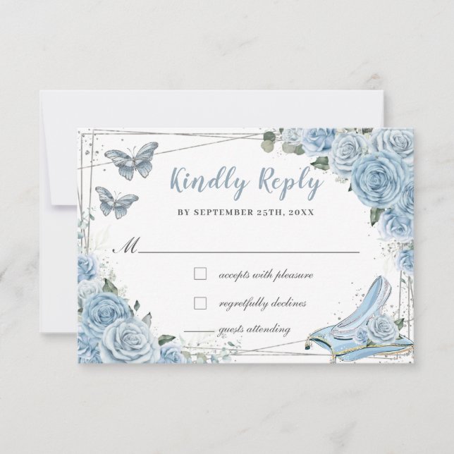 Tarjeta De Confirmación De Asistencia Cinderella Princess Baby Blue Floral Quinceañera (Anverso)