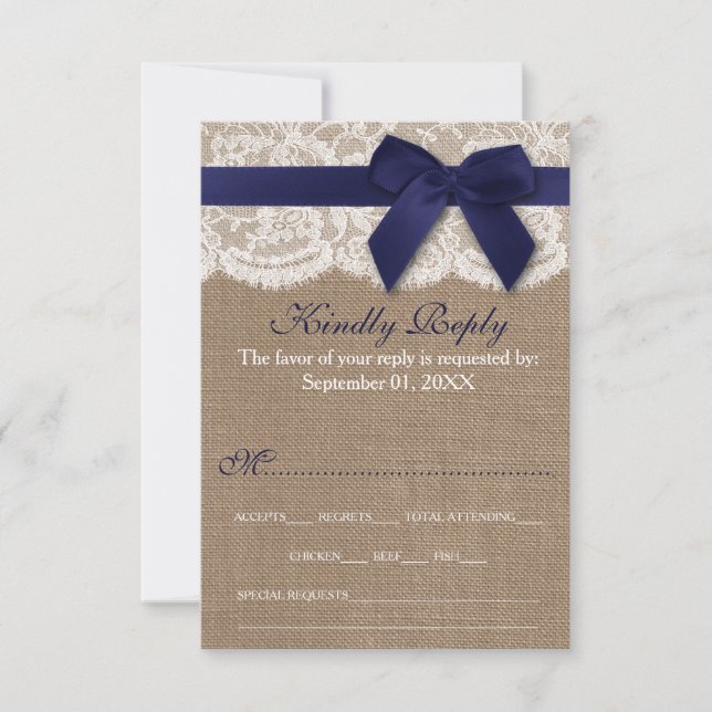 Tarjeta De Confirmación De Asistencia Cinta Naval En Boda Burlap & Lace (Anverso)