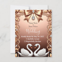 Tarjeta De Confirmación De Asistencia 🌸 Cisnes Blancos Rosa Oro Boda