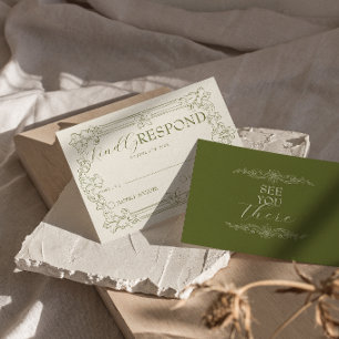 Tarjeta De Confirmación De Asistencia Clásica Boda Romántica de Dinero Antiguo en Verde