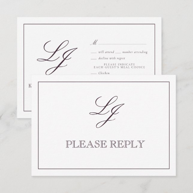 Tarjeta De Confirmación De Asistencia Clásica Pluma Púrpura Caligrafía Monograma Boda (Anverso / Reverso)