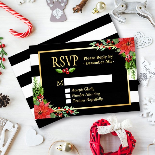 Tarjeta De Confirmación De Asistencia Clásica Poinsettia Floral Gold Black Stripes Blanc (Subido por el creador)