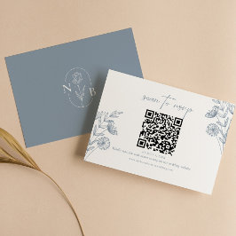 Tarjeta De Confirmación De Asistencia Clásico Boda Azul Dusty Floral Código QR mínimo