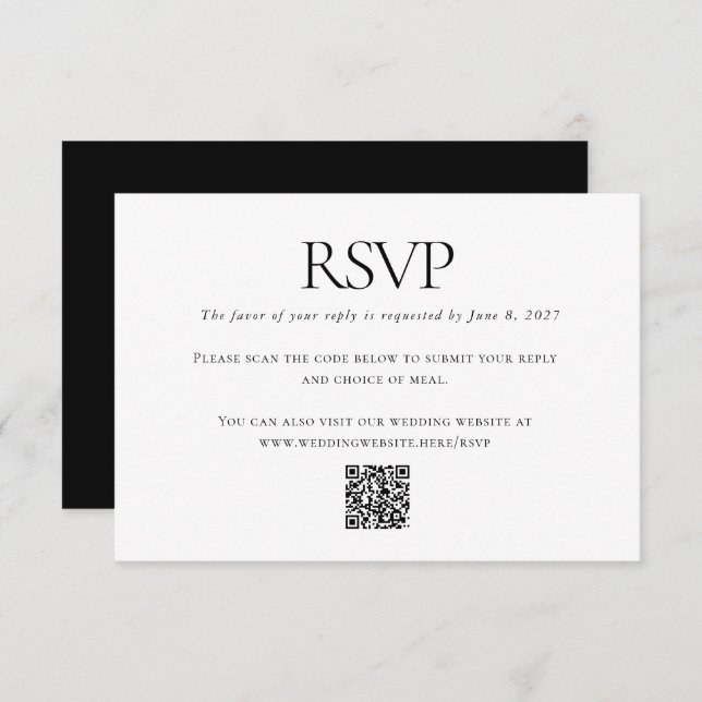 Tarjeta De Confirmación De Asistencia Clásico Boda blanco negro Personalizado código QR  (Anverso / Reverso)