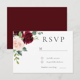 Tarjeta De Confirmación De Asistencia Clásico Burgundy y Floral Acuarela Rosa Boda