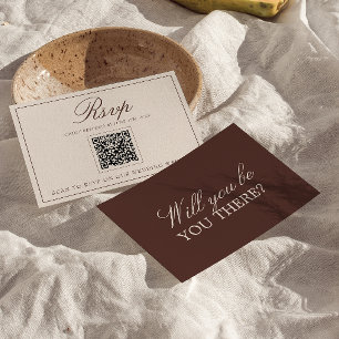 Tarjeta De Confirmación De Asistencia Clásico Código QR de Boda de Chocolate Marrón Dine