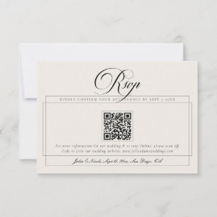 Tarjeta De Confirmación De Asistencia Clásico Código QR de Caligrafía Marfil Negro Boda