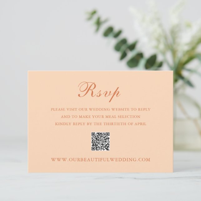Tarjeta De Confirmación De Asistencia Clásico código QR de Peach Wedding Elegante (Anverso de pie)