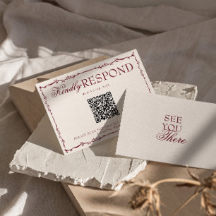 Tarjeta De Confirmación De Asistencia Clásico Código QR Floral Borgoña Boda de Dinero An