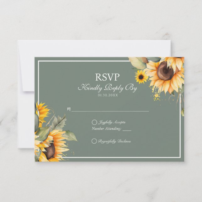 Tarjeta De Confirmación De Asistencia Clásico Elegante Boda de Sunflower acuarela Sage (Anverso)