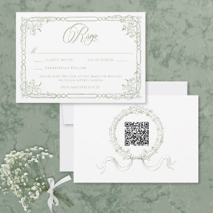 Tarjeta De Confirmación De Asistencia Clásico Elegante Verde Salvia Floral Marco Boda QR
