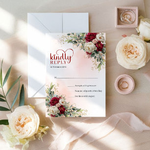 Tarjeta De Confirmación De Asistencia Clásico Flores Bohemias Rojas y Blancas Boda de Or