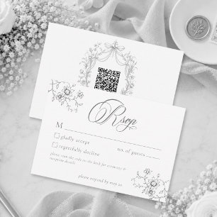 Tarjeta De Confirmación De Asistencia Clásico Gris Negro Floral Corona Boda QR