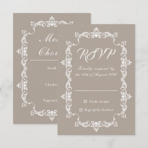 Tarjeta De Confirmación De Asistencia Clásico Lino Beige Marrón Bodas con Marco Ornament