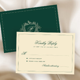 Tarjeta De Confirmación De Asistencia Clásico monograma de cresta esmeralda verde boda