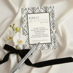 Tarjeta De Confirmación De Asistencia Clásico Patrón Rococó de Damasco de Marfil Boda QR