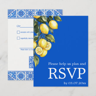 Tarjeta De Confirmación De Asistencia 💙🍋Clásico QR simple Azul & Limone Romance