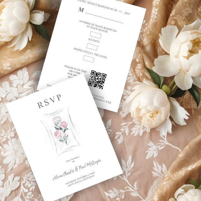 Tarjeta De Confirmación De Asistencia Classic Cute Floral Peonies Bunch in Gray & Pink (Classic Cute Watercolor Effect Floral Peonies Bunch in Gray & Pink Wedding RSVP Card.)