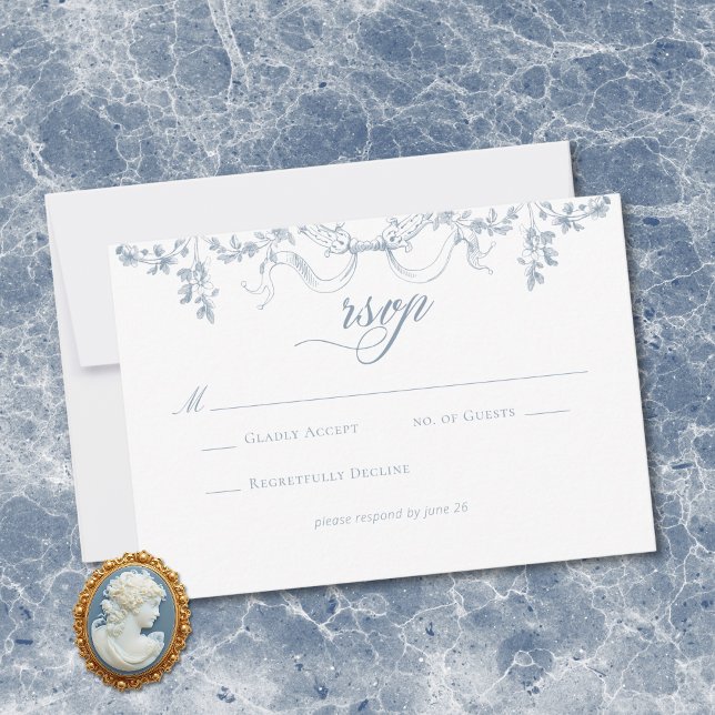 Tarjeta De Confirmación De Asistencia Classic Elegant Dusty Blue Floral Frame Wedding (Classic Elegant Dusty Blue Floral Frame Wedding RSVP Card)