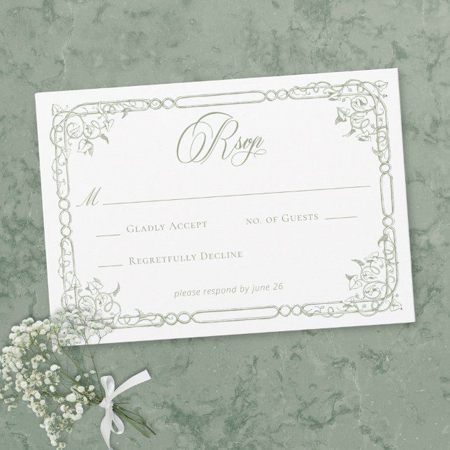 Tarjeta De Confirmación De Asistencia Classic Elegant Sage Green Floral Frame Wedding (Classic Elegant Sage Green Floral Frame Wedding RSVP Card)