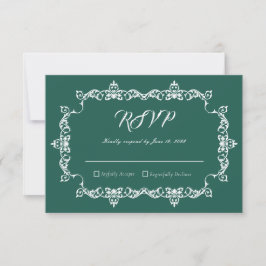 Tarjeta De Confirmación De Asistencia Classic Emerald Green Ornately Framed Wedding