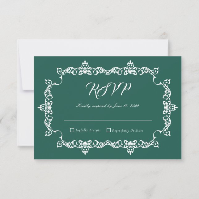 Tarjeta De Confirmación De Asistencia Classic Emerald Green Ornately Framed Wedding (Anverso)