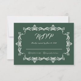 Tarjeta De Confirmación De Asistencia Classic Forest Green Ornately Framed Wedding