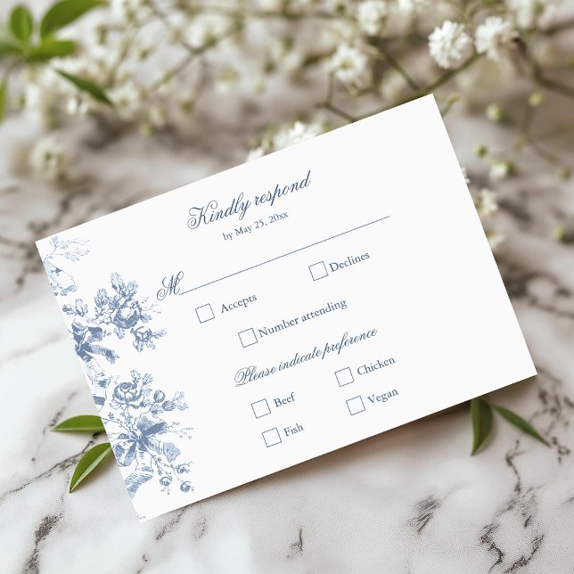 Tarjeta De Confirmación De Asistencia Classic French Blue Flowers & Ribbons Wedding (Subido por el creador)
