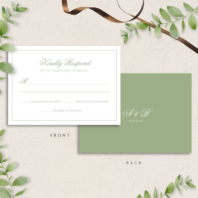 Tarjeta De Confirmación De Asistencia Classic Real Sage Green Monogram Script Wedding (Subido por el creador)