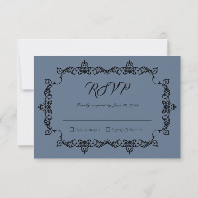 Tarjeta De Confirmación De Asistencia Classic Slate Blue Ornately Framed Wedding (Anverso)