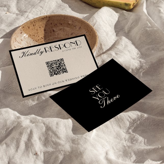 Tarjeta De Confirmación De Asistencia Classy Black Cream Old Money QR Code Wedding (Subido por el creador)