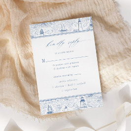 Tarjeta De Confirmación De Asistencia Coastal Toile Lighthouse Blue Wedding