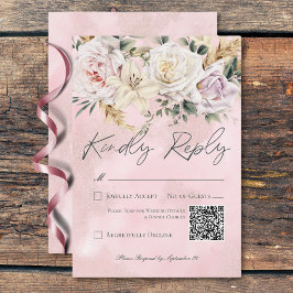 Tarjeta De Confirmación De Asistencia Código QR Boda Boho Pampas y rosas rosadas