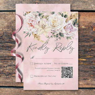 Tarjeta De Confirmación De Asistencia Código QR Boda Boho Pampas y rosas rosadas