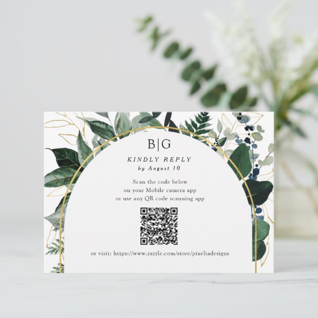 Tarjeta De Confirmación De Asistencia Código QR boda de follaje de vegetación botánica m (Anverso de pie)