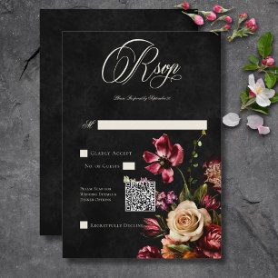 Tarjeta De Confirmación De Asistencia Código QR Boda floral oscuro elegante de otoño