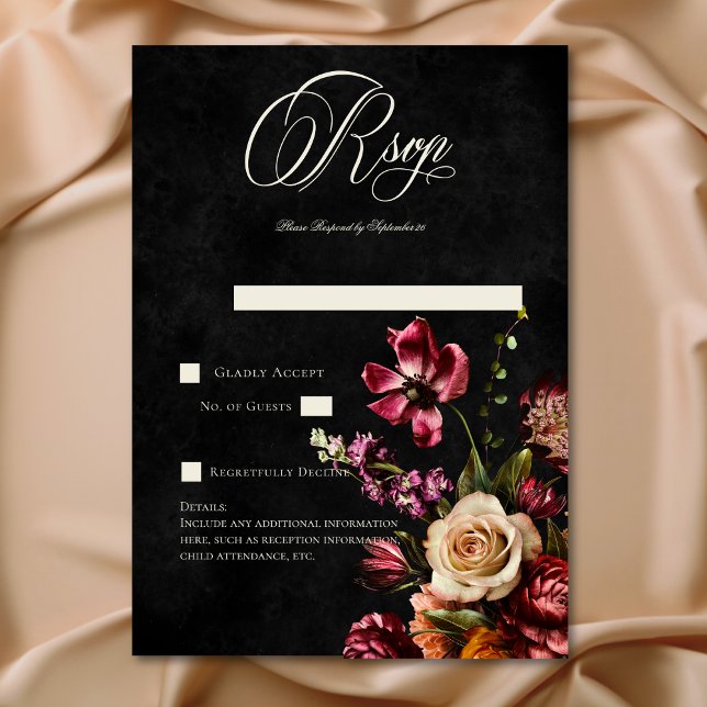 Tarjeta De Confirmación De Asistencia Código QR Boda floral oscuro elegante de otoño (Dark Elegant Autumn Floral Wedding QR Code RSVP Card)