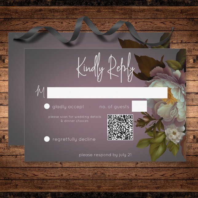 Tarjeta De Confirmación De Asistencia Código QR Boda moderno floral oscuro Moody Mauve (Dark Moody Mauve Floral Modern Wedding QR Code RSVP Card)