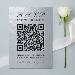 Tarjeta De Confirmación De Asistencia Código QR Bodas en Falso Papel Plateado Escritura